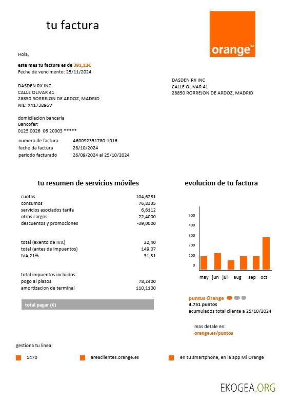 Modèle de facture de services publics d'entreprise facile à remplir pour l'Espagne Orange aux formats Word et PDF